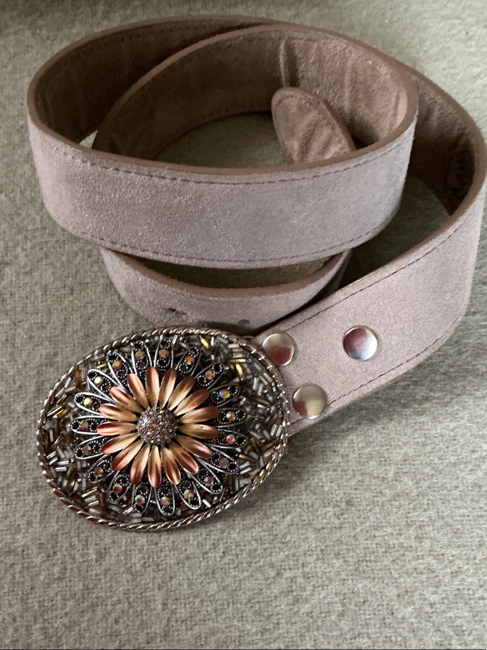 Suede Dusty Rose Belt with Floral Medallion Buckle